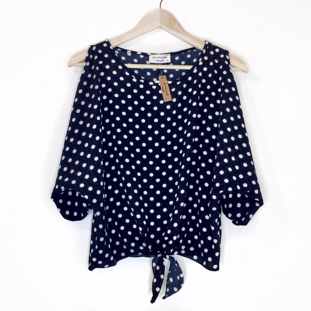 Navy Blue Polka Dot Slit Sleeve Knotted Crop Top M